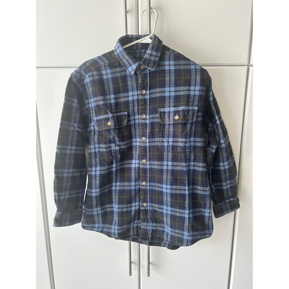Moose Creek Mens Medium Blue Navy‎ Plaid Flannel Shirt Long Sleeve Button Down